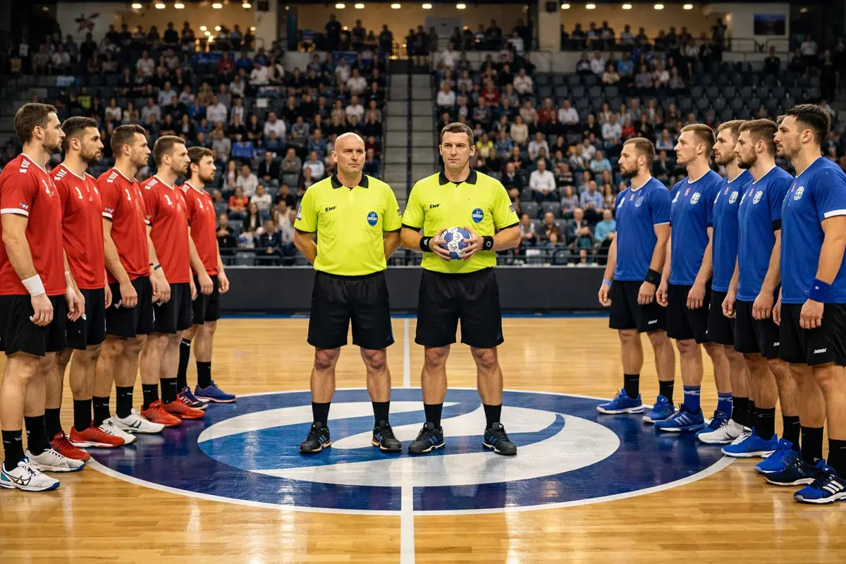 Zwei Handball-Mannschaften beim Anpfiff auf dem Spielfeld