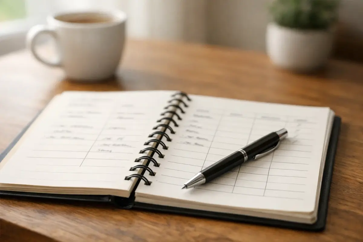 Notizbuch mit Wettaufzeichnungen und einem Stift auf dem Tisch