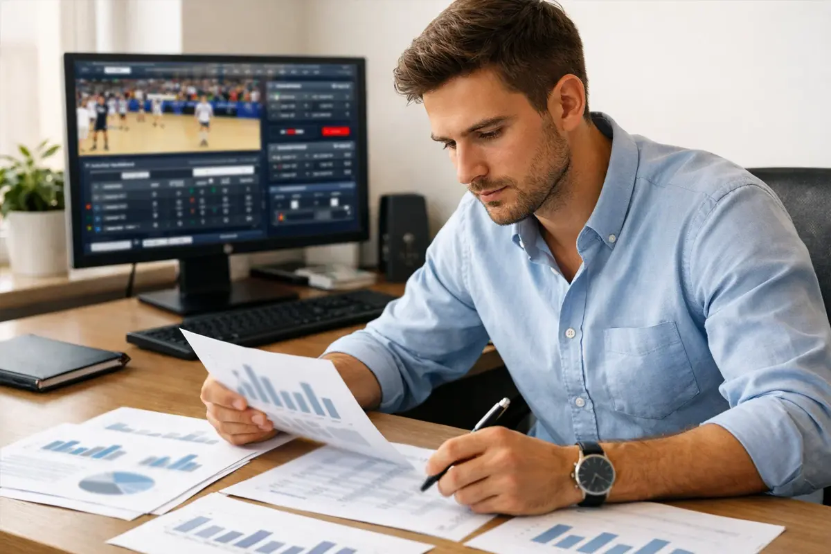 Sportanalyst studiert Handball-Spielstatistiken am Schreibtisch