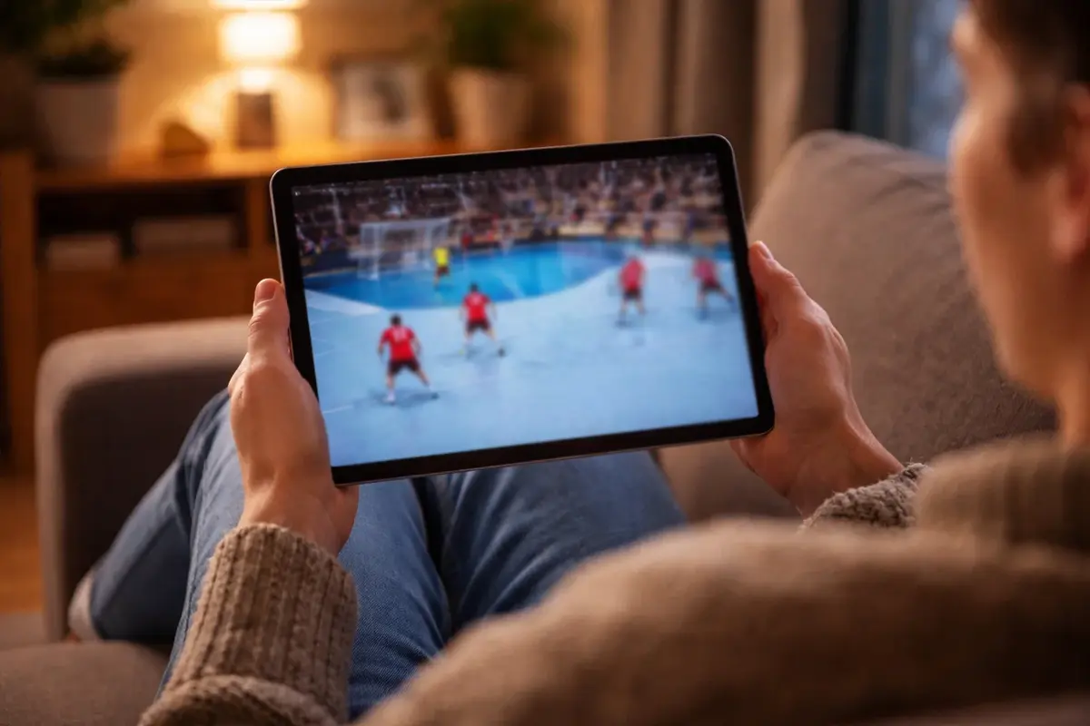 Person verfolgt ein Handball-Spiel auf dem Tablet