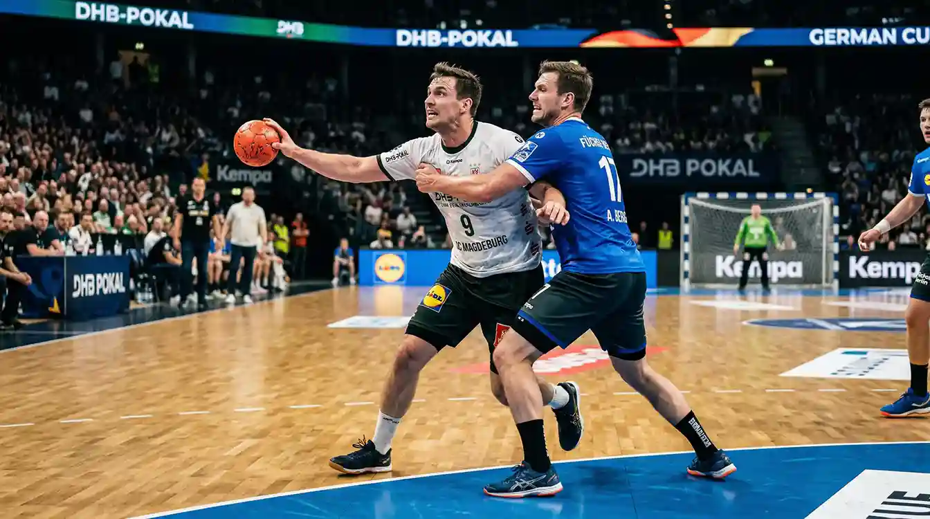 Handball-Pokalspiel mit intensivem Zweikampf am Kreis