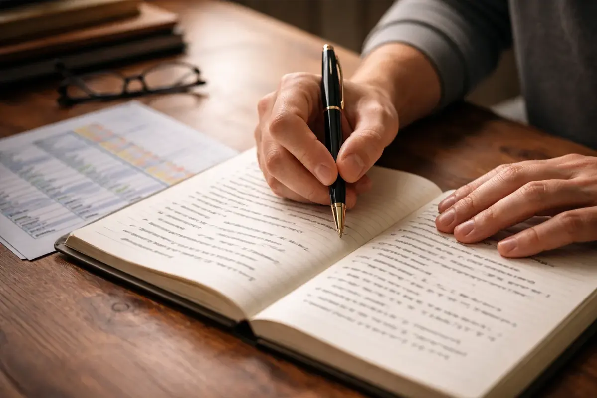 Person erstellt Notizen zur Handball-Spielanalyse