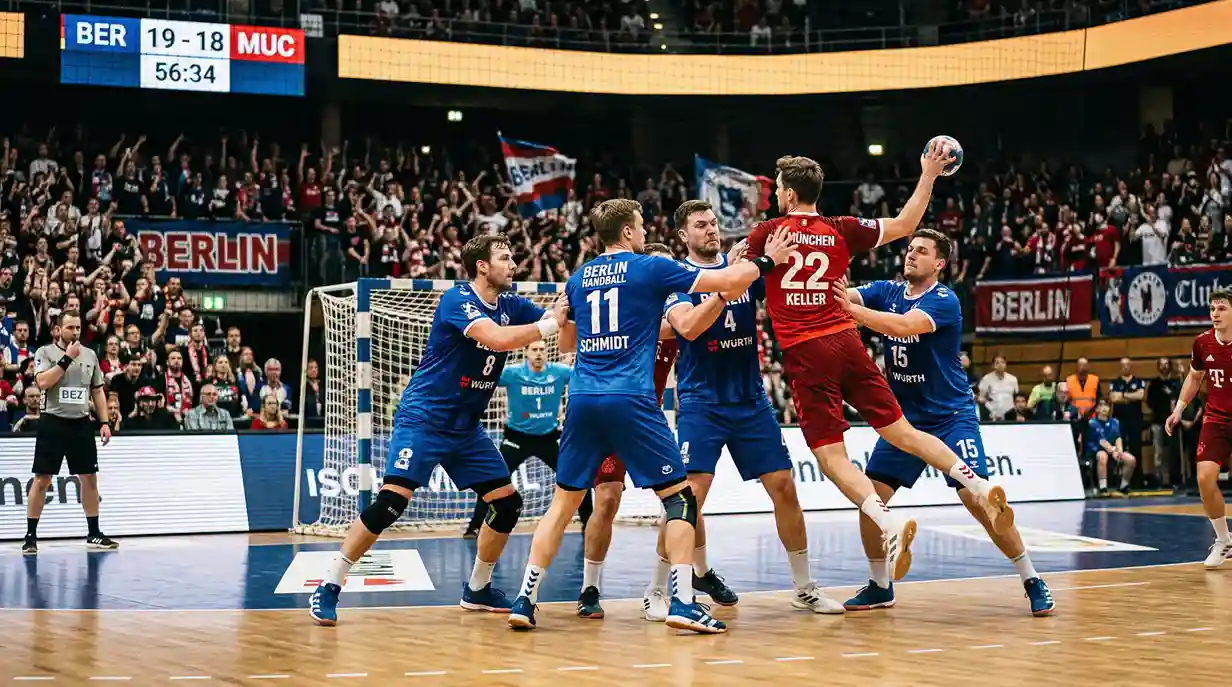 Handball-Abwehrszene in der Max-Schmeling-Halle Berlin