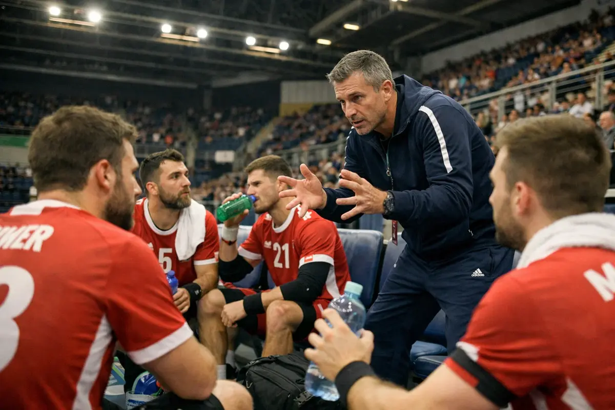 Handball-Mannschaft bespricht die Taktik in einer Auszeit