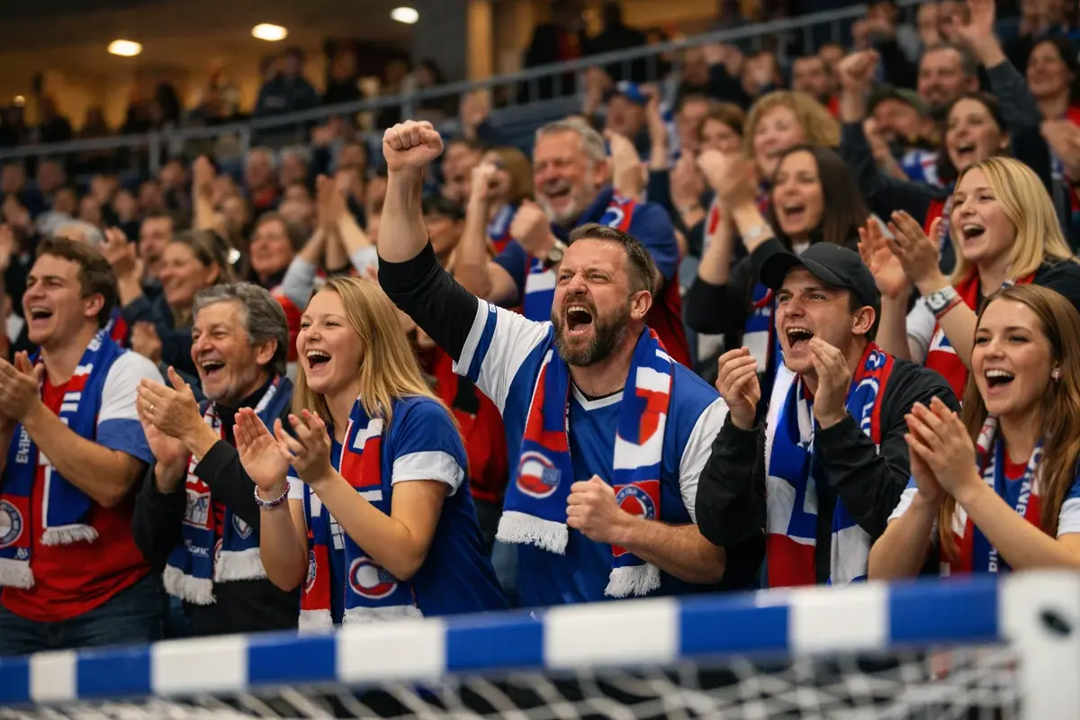 Fans unterstützen ihre Handball-Mannschaft auf der Tribüne