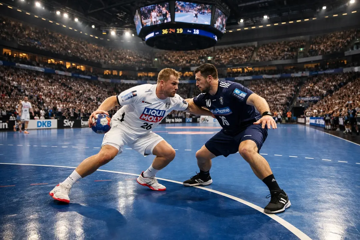 Professionelle Handballspieler im Zweikampf auf dem Spielfeld der Bundesliga