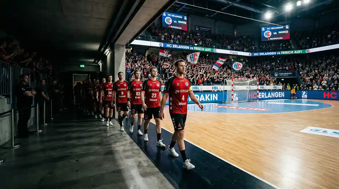 Handball-Mannschaft betritt das Spielfeld in einer Bundesliga-Arena