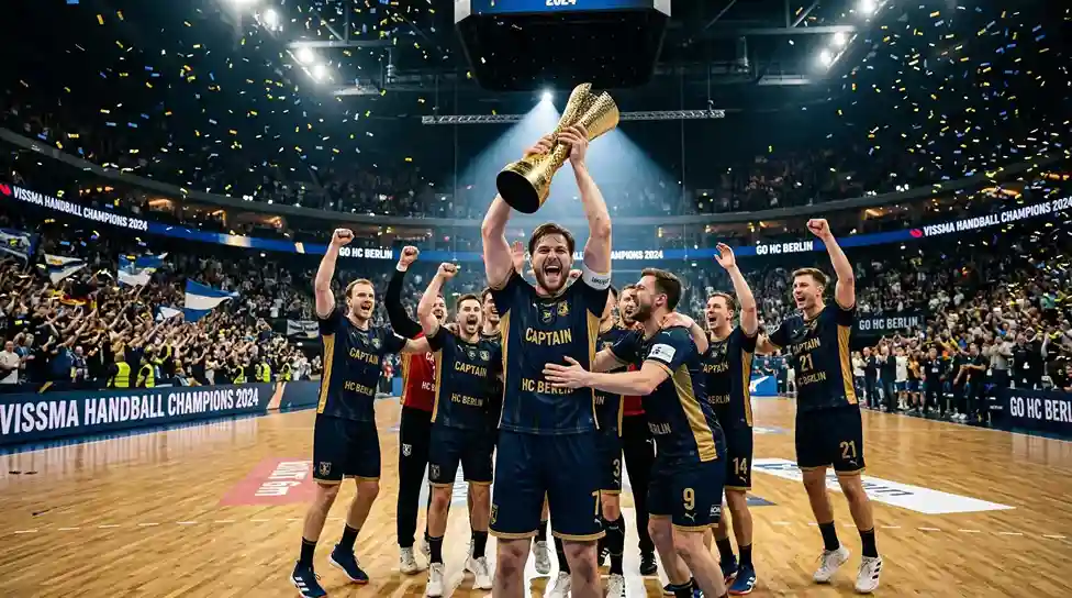 Handball-Mannschaft hebt den Meisterpokal in die Höhe