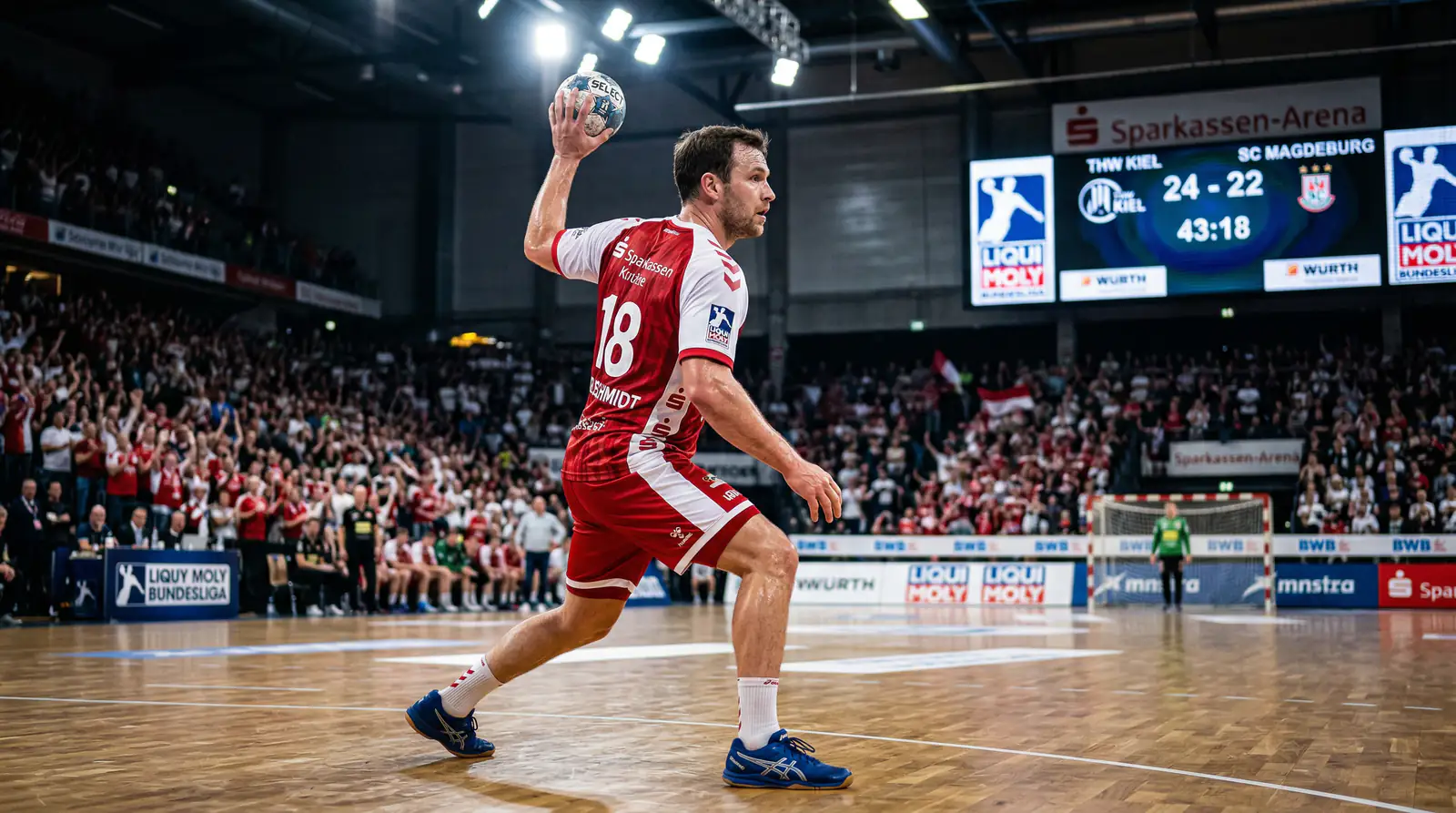 Handball-Spieler wirft auf das Tor in einer hell beleuchteten Arena