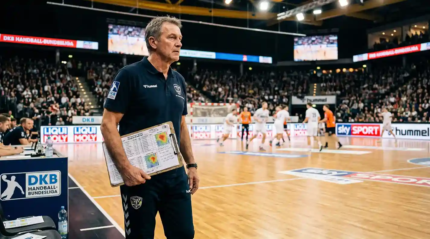 Handball-Trainer analysiert Spielstatistiken am Spielfeldrand