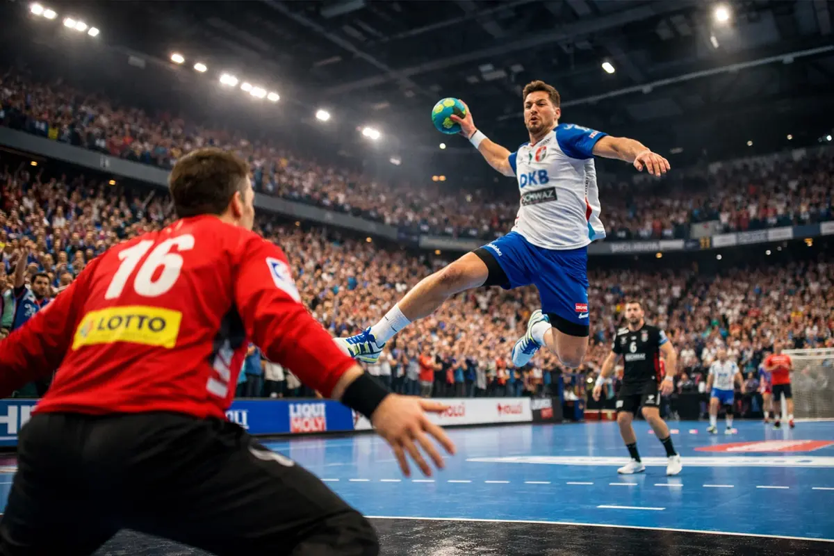 Spannendes Handball-Bundesliga-Spiel in ausverkaufter Arena mit jubelnden Fans
