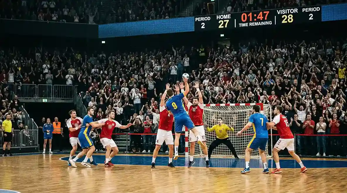 Handball-Spielszene mit Spannung in den letzten Spielminuten