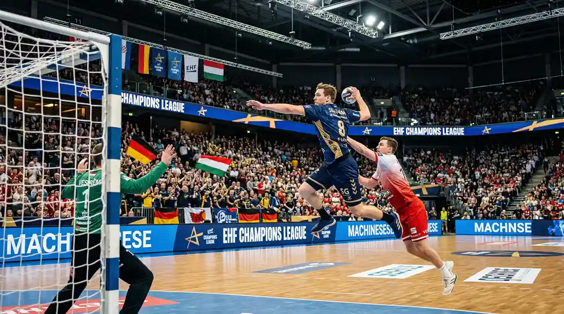 Handball Champions League Spielszene in einer europäischen Arena