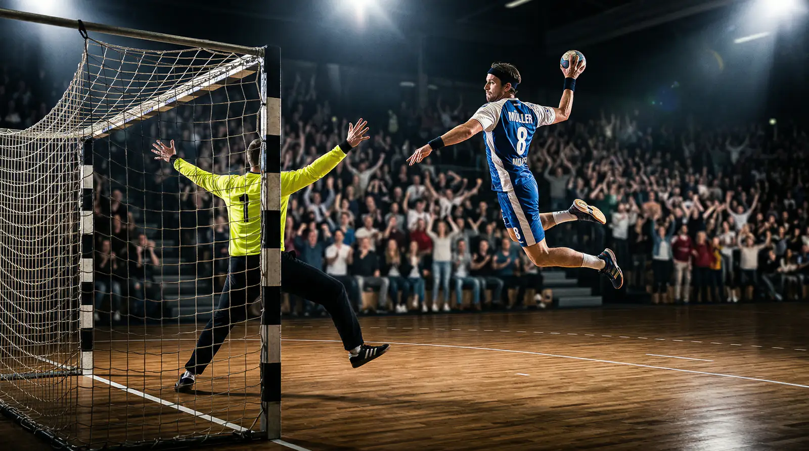 Handball-Spieler setzt zum Sprungwurf an gegen den Torwart