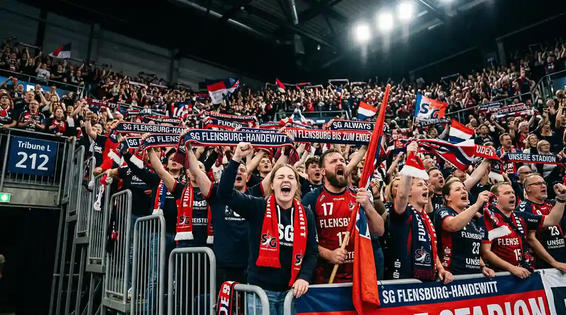 Begeisterte Handball-Fans auf einer vollen Tribüne einer Bundesliga-Halle
