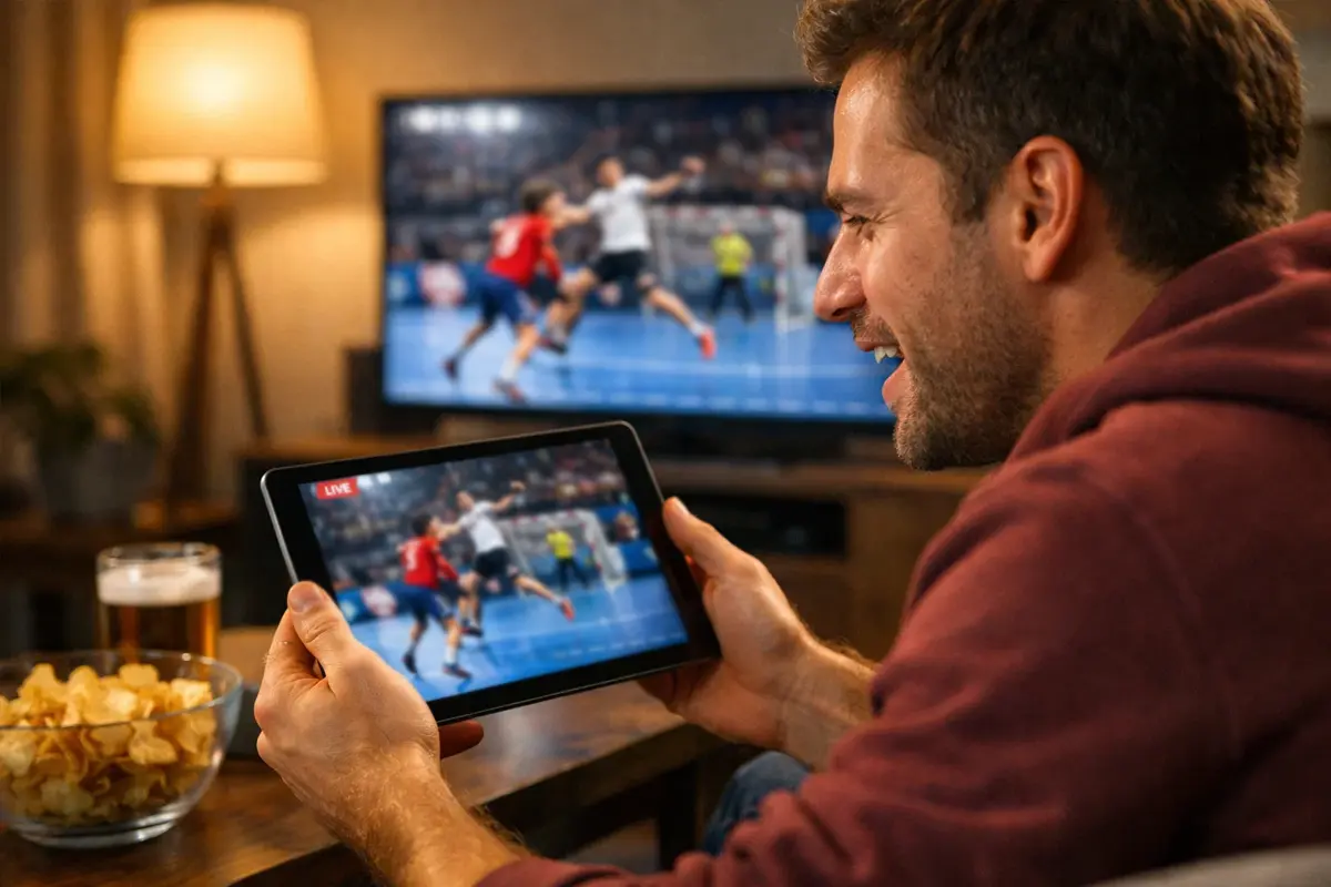 Fan verfolgt spannendes Handball-Bundesliga-Spiel live auf dem Tablet