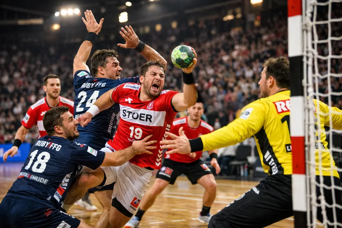 Spannende Spielszene während eines Handball-Bundesliga-Spiels