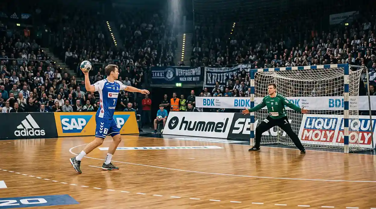 Handball-Spieler führt einen Siebenmeter aus