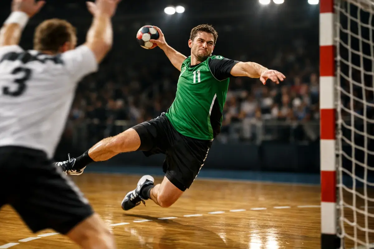 Handball-Spieler wirft den Ball aufs Tor im Rückraum