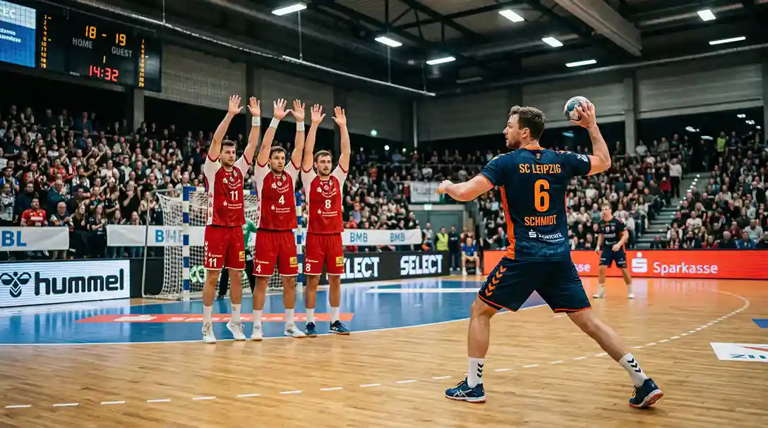 Handball-Spieler bei einem Freiwurf in einer Bundesliga-Halle