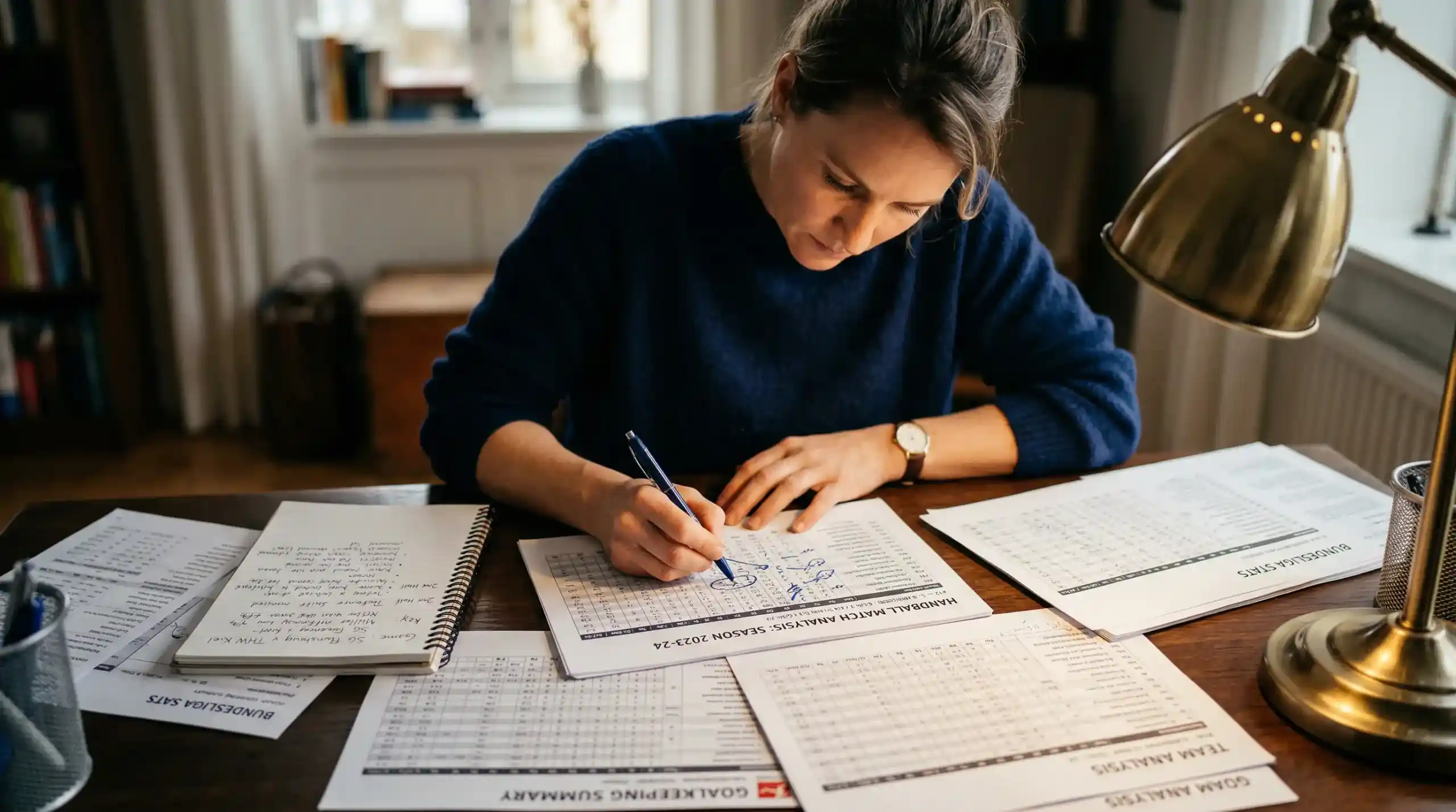 Person analysiert Handball-Statistiken auf Papier am Schreibtisch