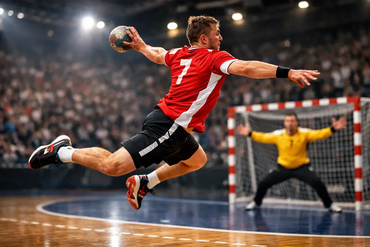 Handball-Spieler beim Torwurf in einer professionellen Arena