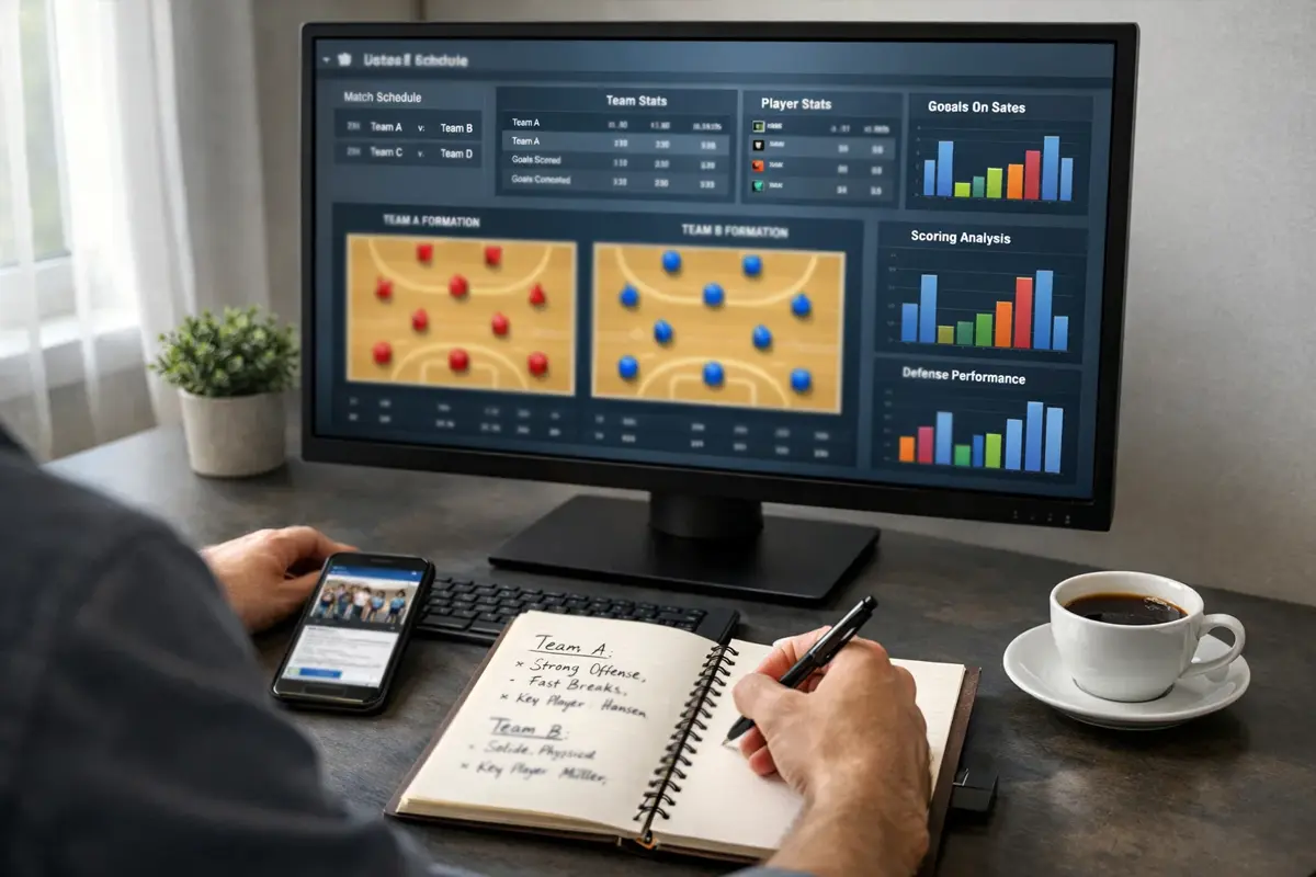 Sportanalyst studiert Handball-Statistiken und Wettquoten am Bildschirm