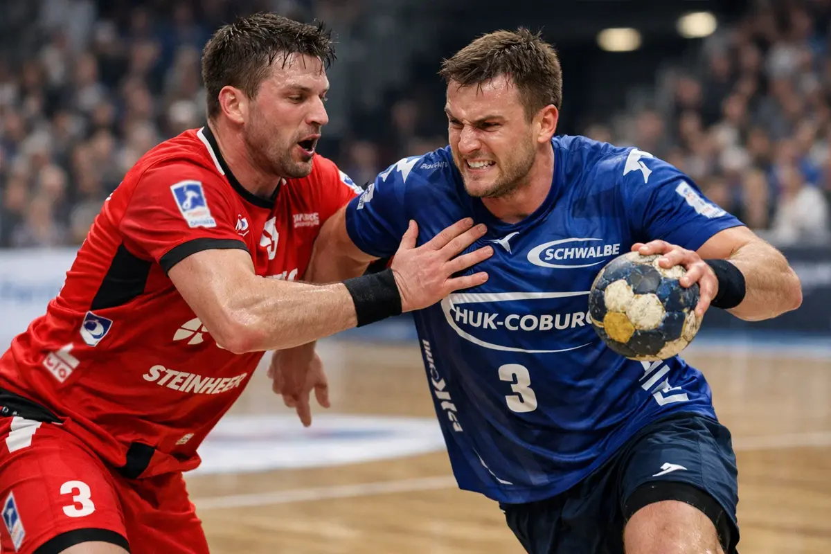 Handball-Spieler kämpfen um den Ball während eines Bundesliga-Spiels