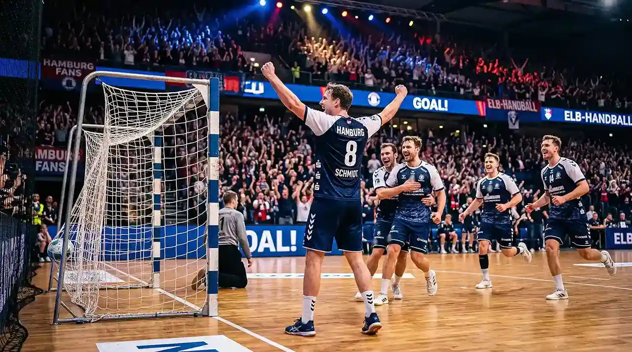 Handballtor-Szene mit Jubel nach einem erfolgreichen Wurf