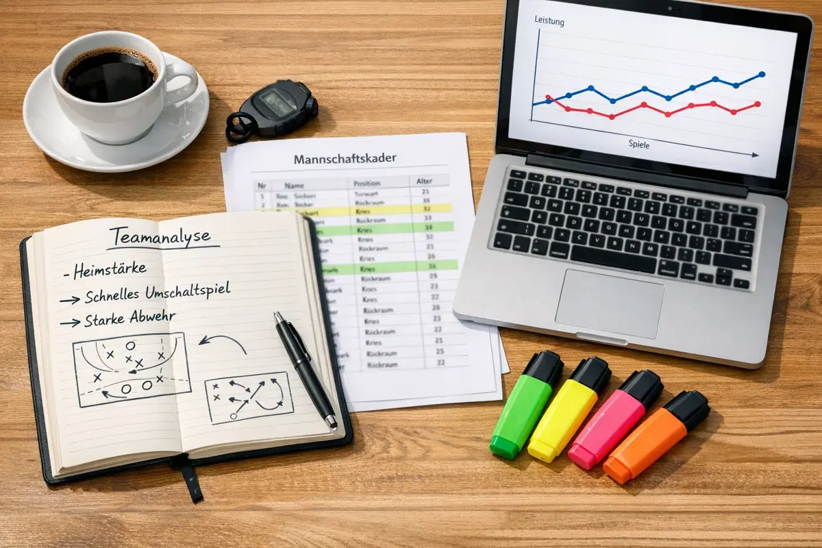 Detaillierte Handball-Spielanalyse mit Statistiken und Notizen auf dem Schreibtisch