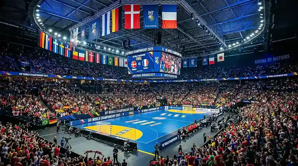 Große Handball-Arena mit Nationalflaggen bei einer Weltmeisterschaft