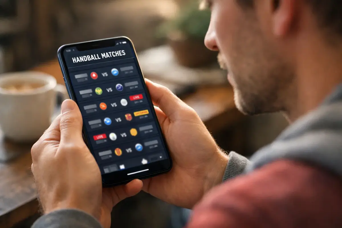Sportfan studiert Handball-Spielplan auf dem Smartphone