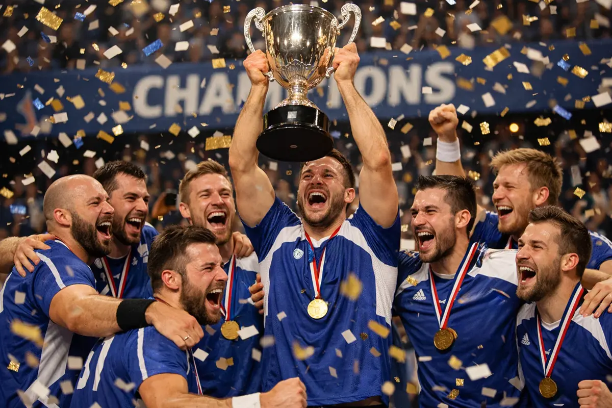 Handball-Team feiert mit Pokal nach einem Titelgewinn