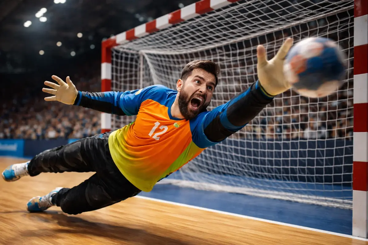 Handball-Torhüter pariert einen Wurf während eines Spiels