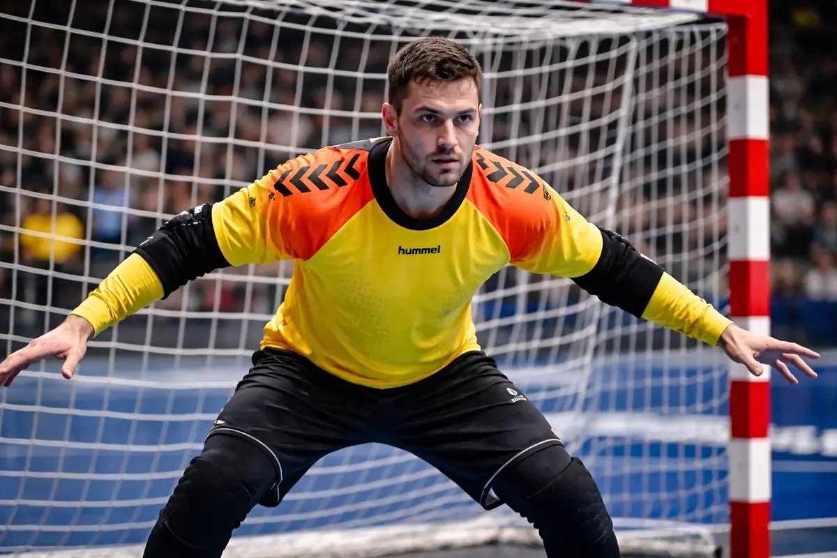 Konzentrierter Handball-Torhüter bereit für den nächsten Wurf