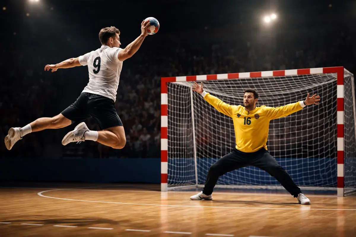 Handball-Spieler beim Sprungwurf gegen den Torhüter