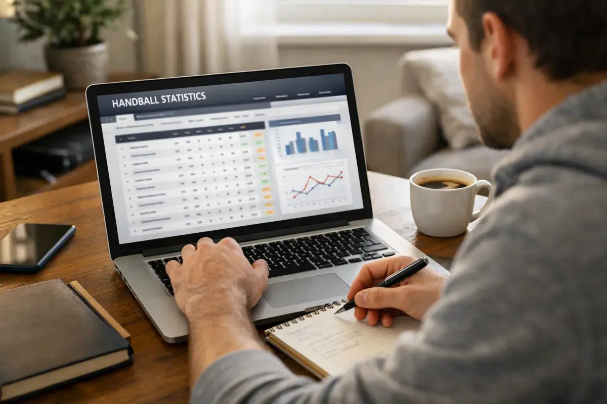Sportfan recherchiert Handball-Statistiken auf dem Laptop