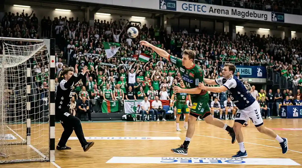 Handball-Spieler des SC Magdeburg im Angriff in der GETEC Arena