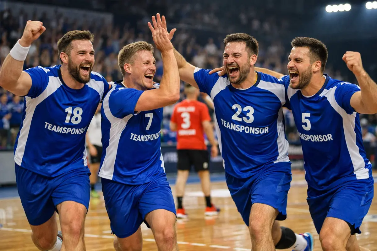 Handball-Spitzenmannschaft beim Torjubel auf dem Spielfeld