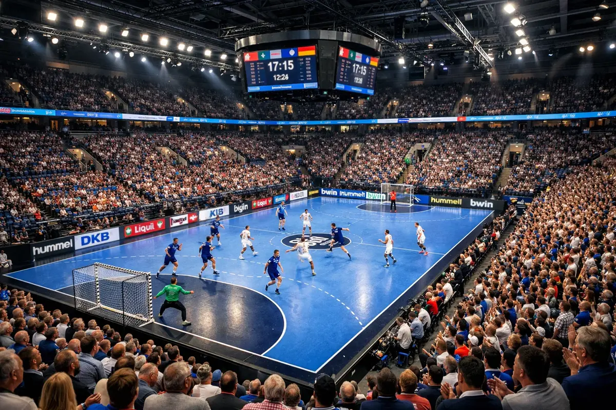 Handball-Arena mit Publikum und laufendem Spiel