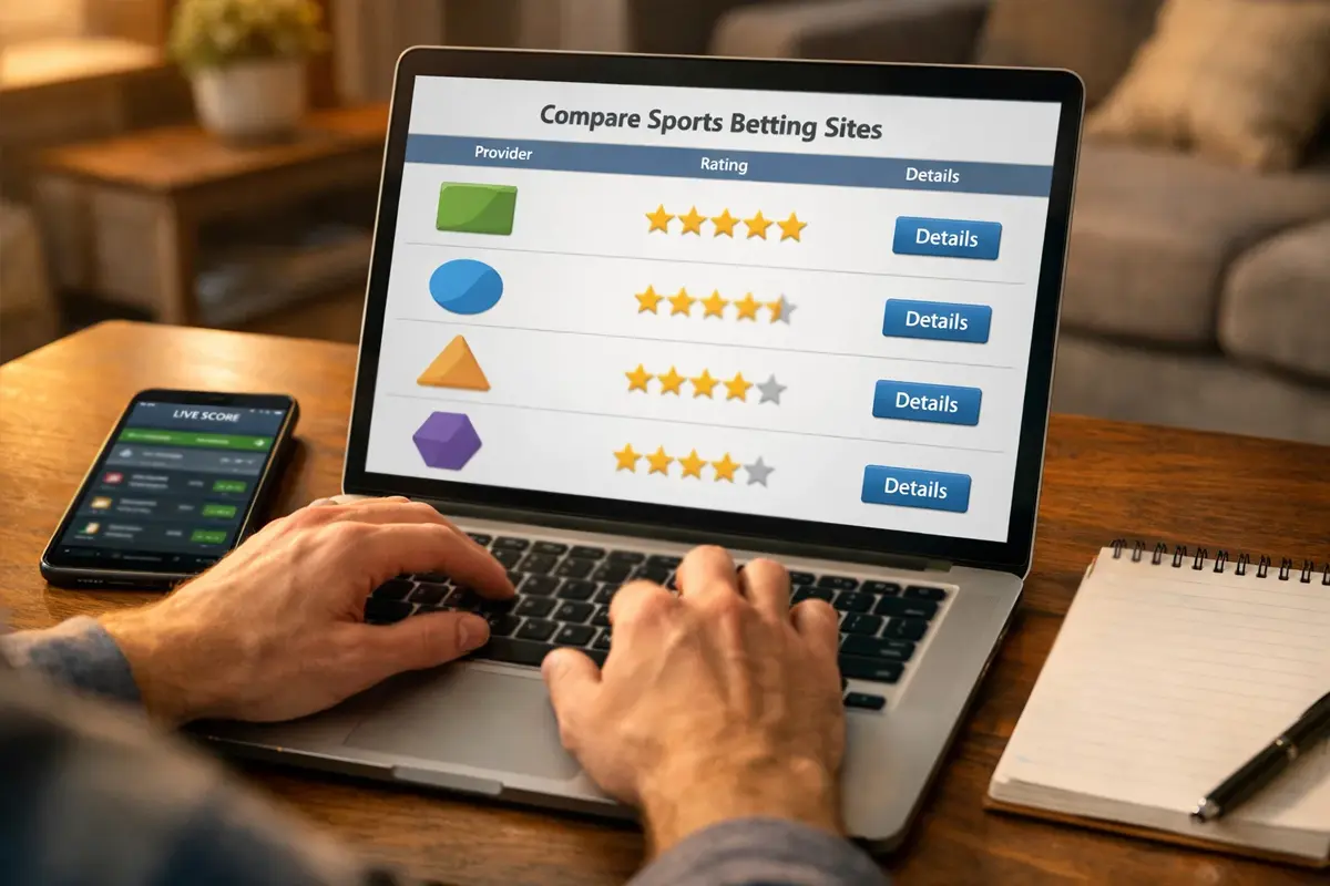 Person vergleicht verschiedene Sportwetten-Anbieter am Laptop für Handball-Wetten